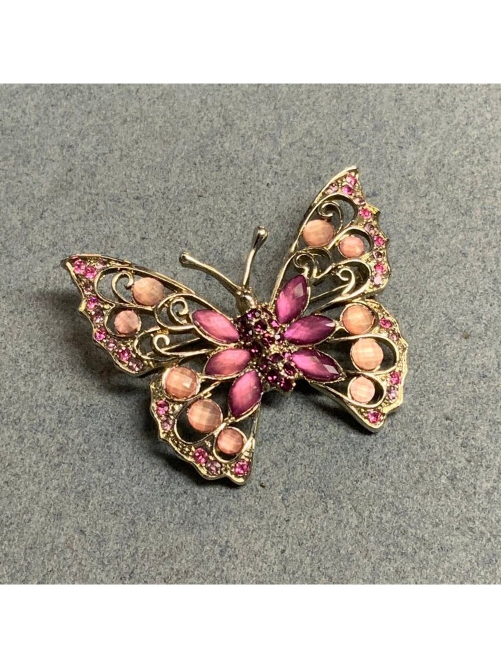 Vintage Butterfly Pin Brooch 2.25 In Purple Rhinestone Pink Shimmery Sparkle 90s